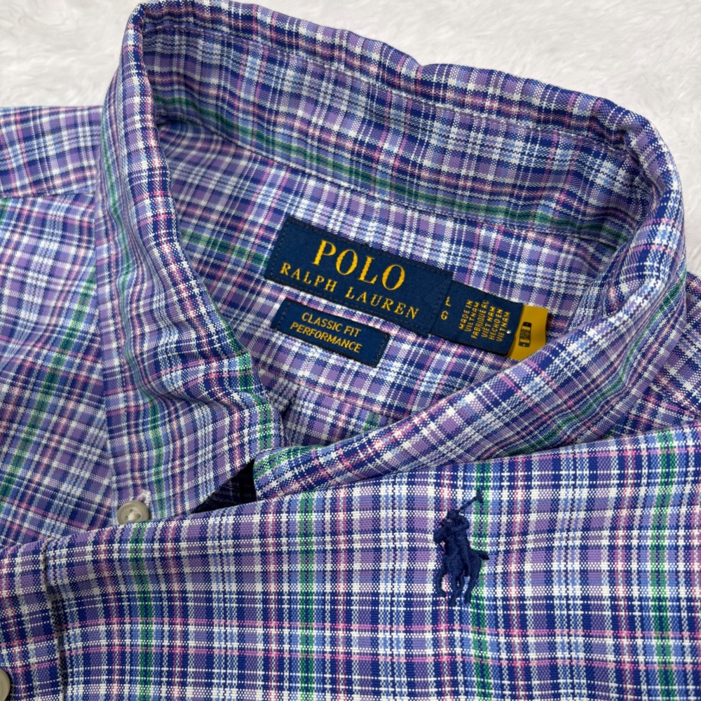 Polo Ralph Lauren Performance Button Shirt Mens L Purple Plaid PONY Logo Preppy